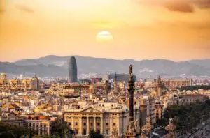 Sunset over town of Barcelona