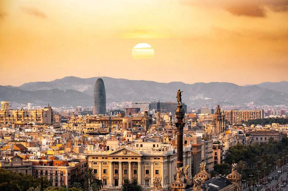 Sunset over town of Barcelona